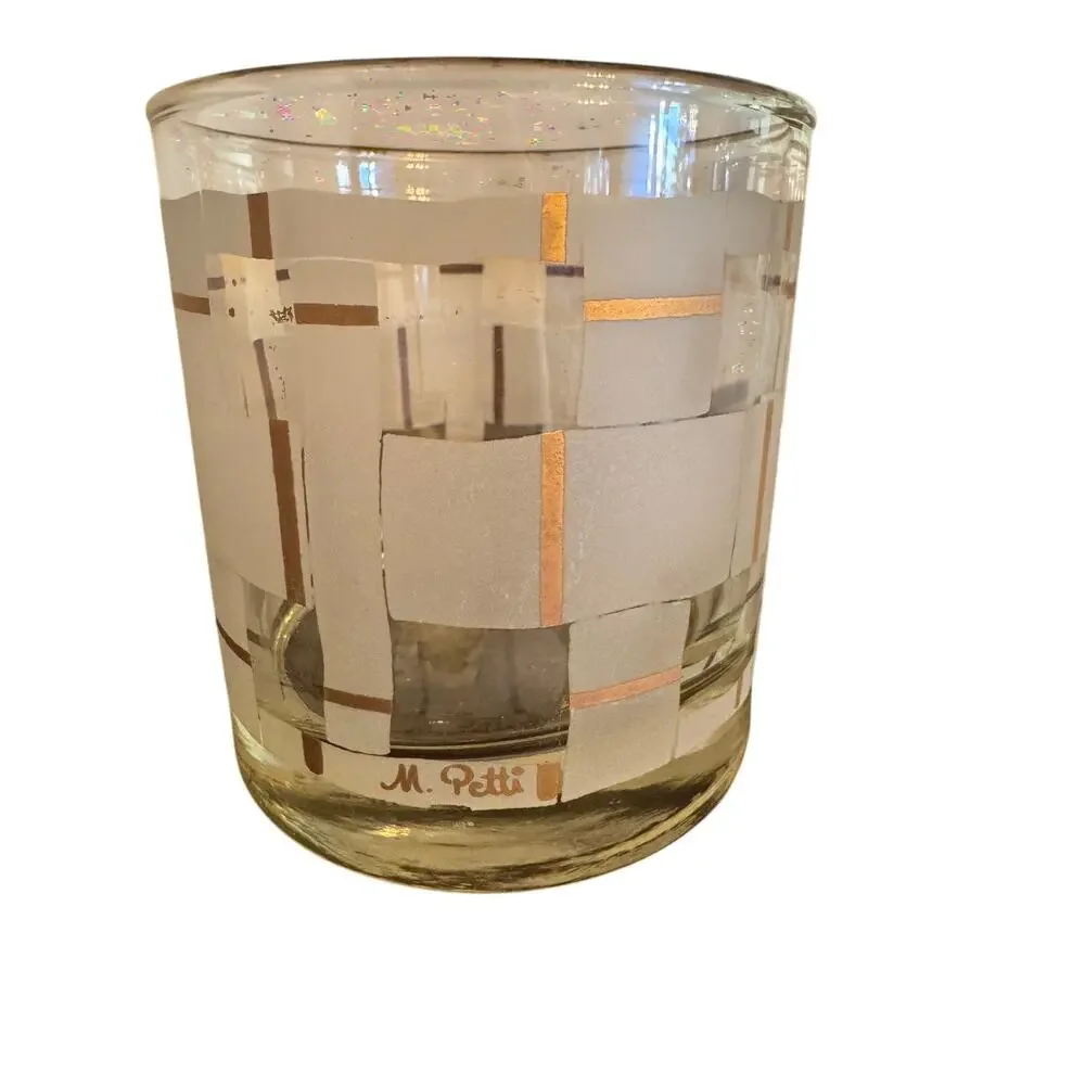 Vintage Libbey M Petti Golden Plaid Rocks Glass MCM Frosted Gold Checkerboard